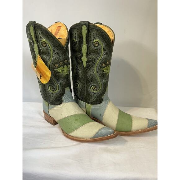 RARE J TOE RODEO COWBOY BOOTS HAND CRAFTED Men’s Sz 7.5 Exotic Leather Ostrich - Picture 1 of 7